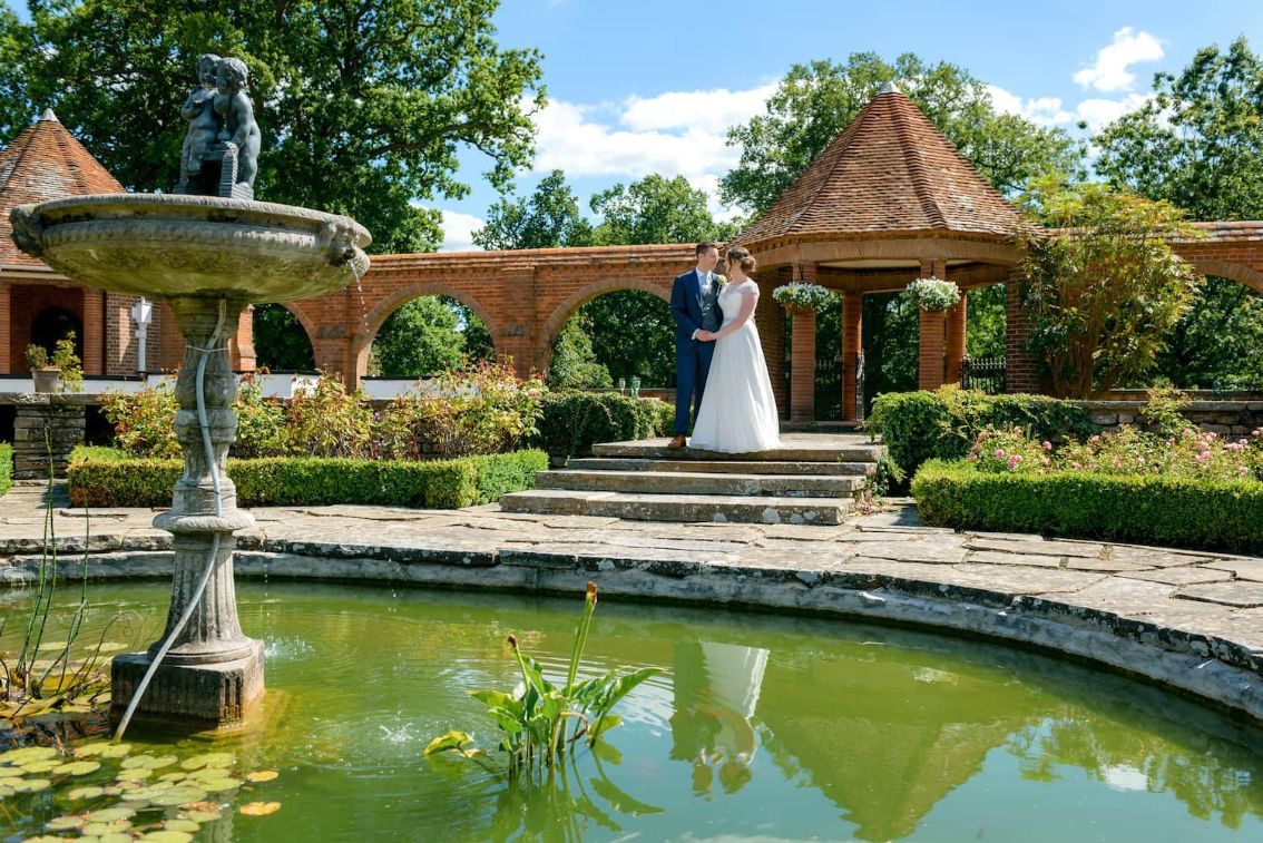 bride and groom in our Italian gardens at our outdoor wedding venue